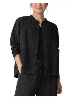 2026 NWT Eileen ileen Fisher Mandarin Collar Cotton Blend Jacket Black Sz M